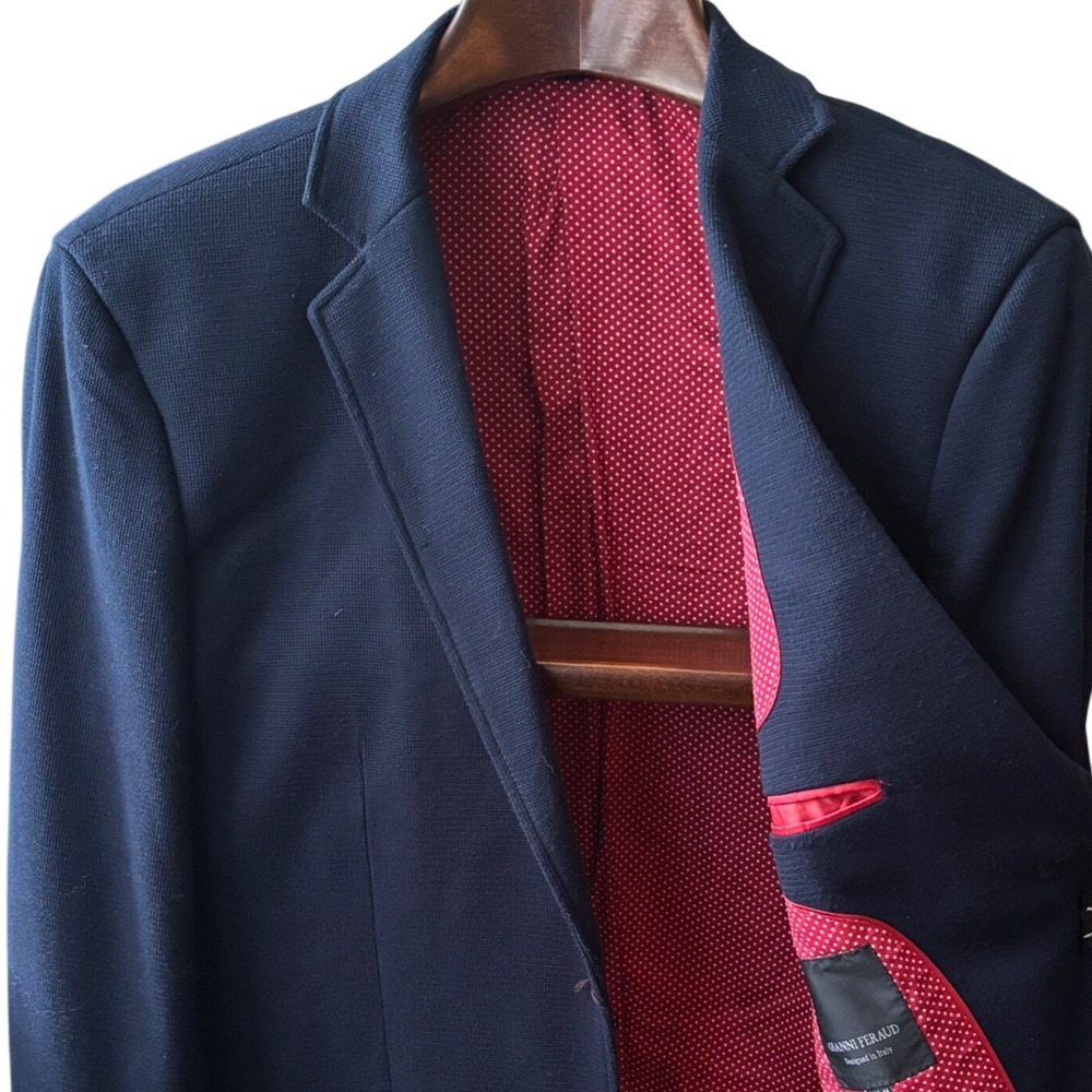Gianni Feraud | Mens 44R | Navy Blue Knit Blazer | Red Polka Dot Lining | FLAW